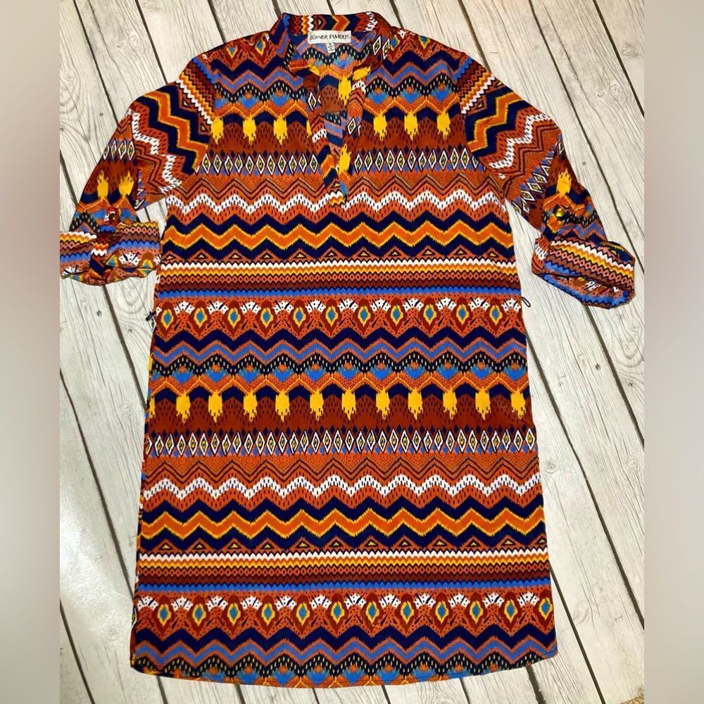 Almost Famous Aztec Print Dress Roll Up Sleeves size M